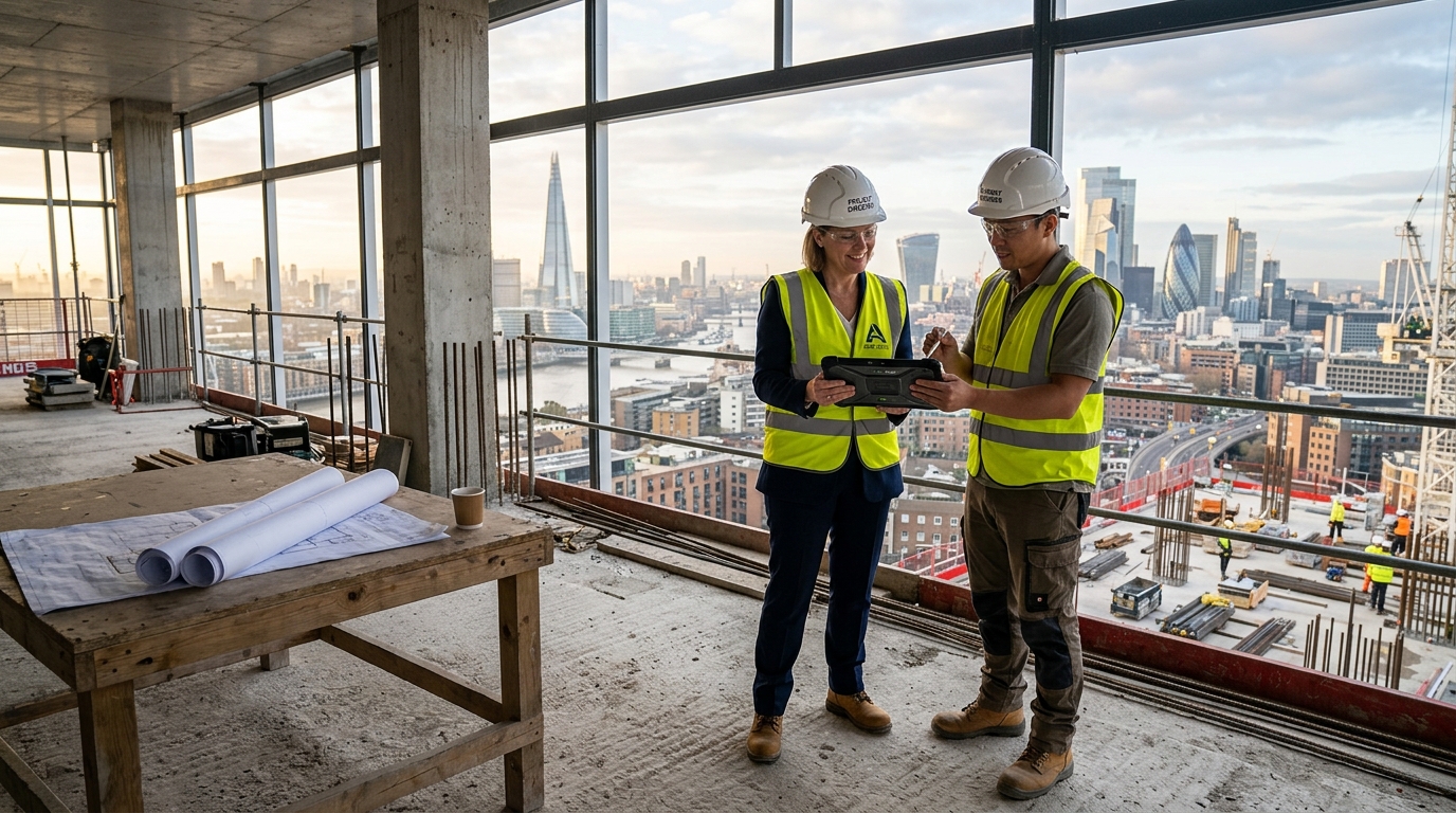 Ingenieros y directores de obra consultando dashboard de gestión en tablet frente a Procore