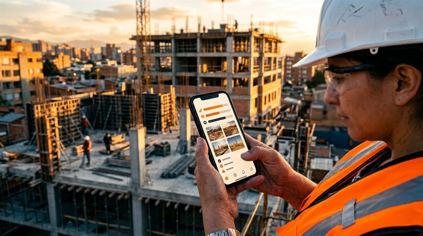 Ingeniera residente revisando el avance de obra en una app de control de obras desde su celular