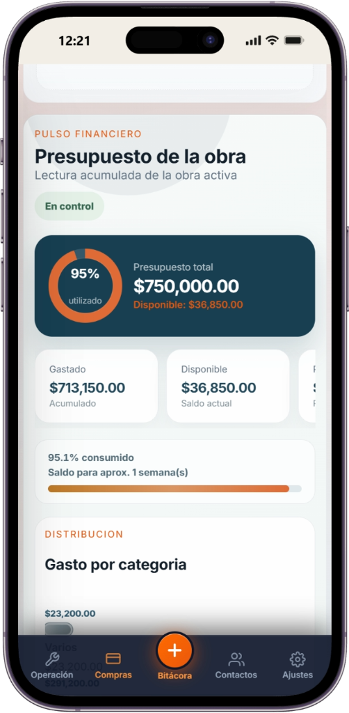 Pulso financiero y porcentaje consumido de obra en Kontryx
