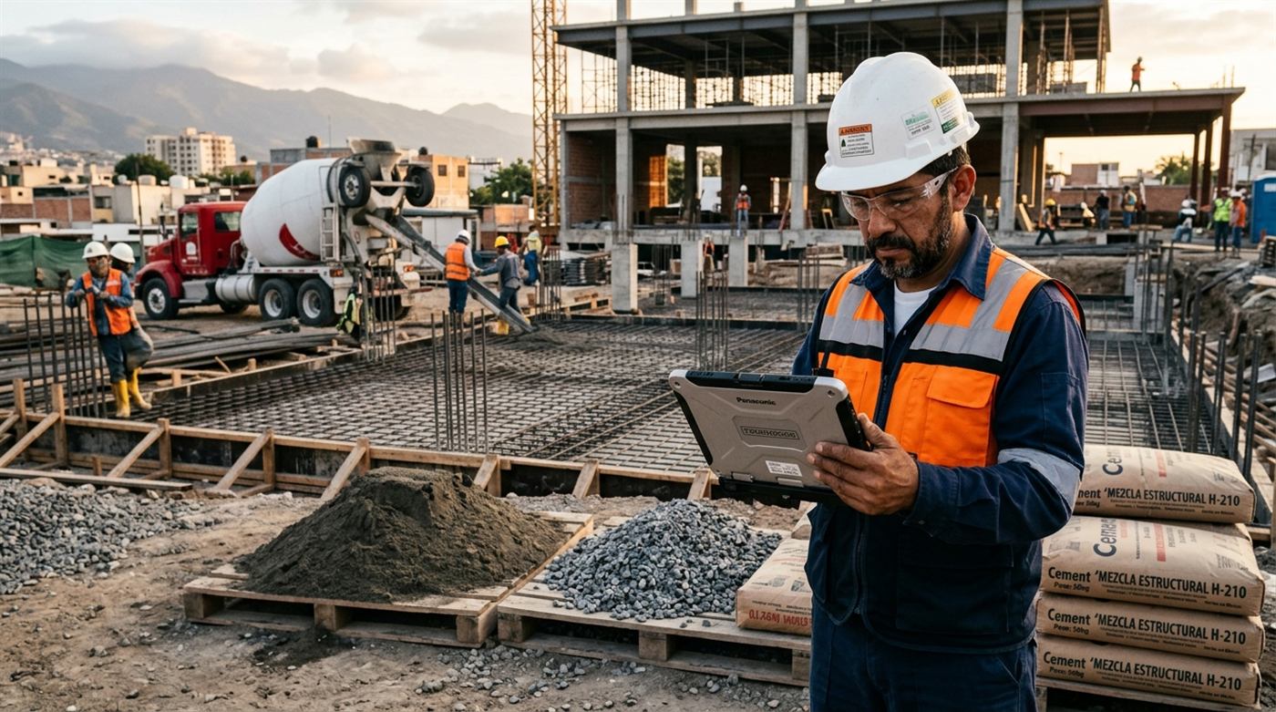 Ingeniero civil en obra revisando dosificación de materiales y agregados de concreto en tablet digital
