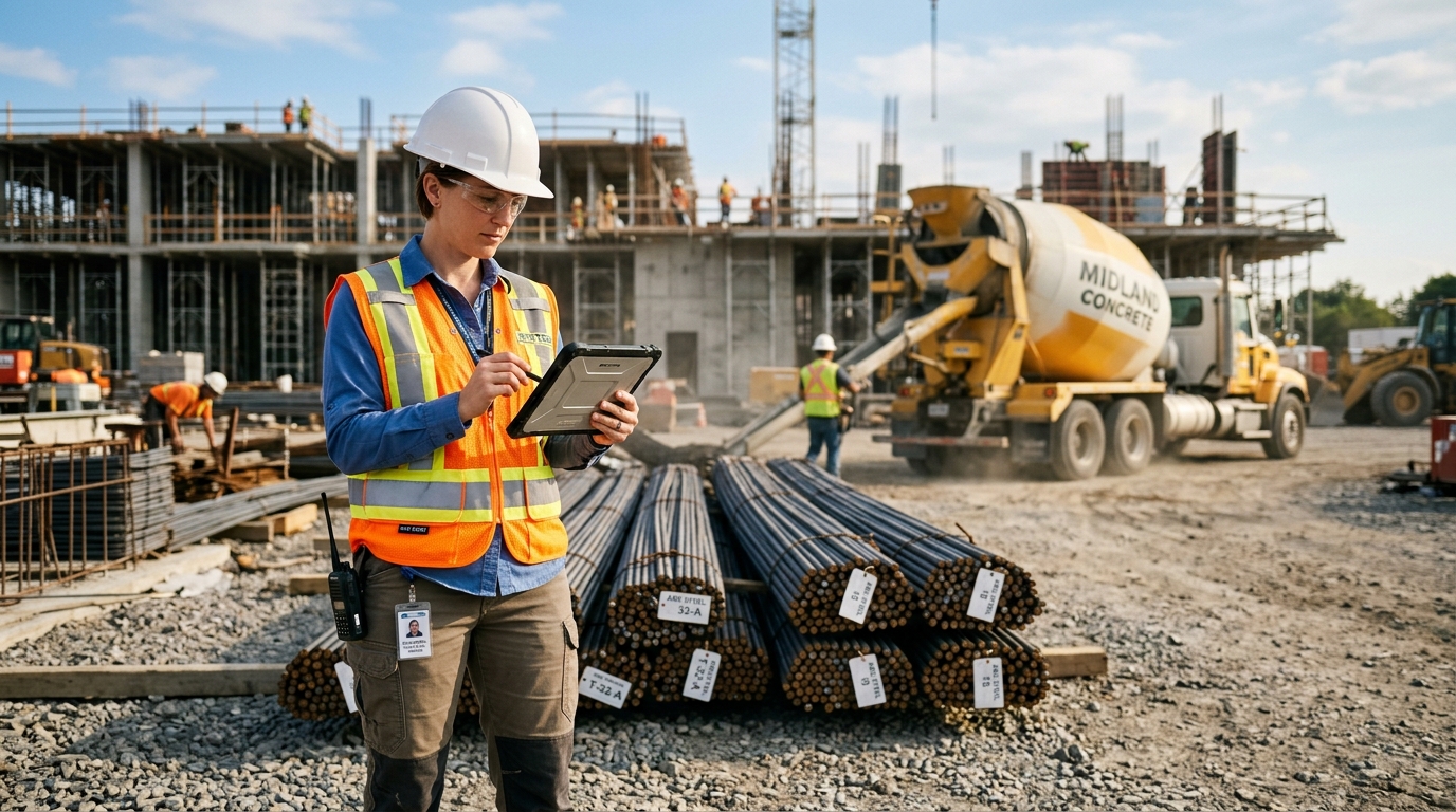 Ingeniero civil verificando remisión de materiales en tablet en obra moderna